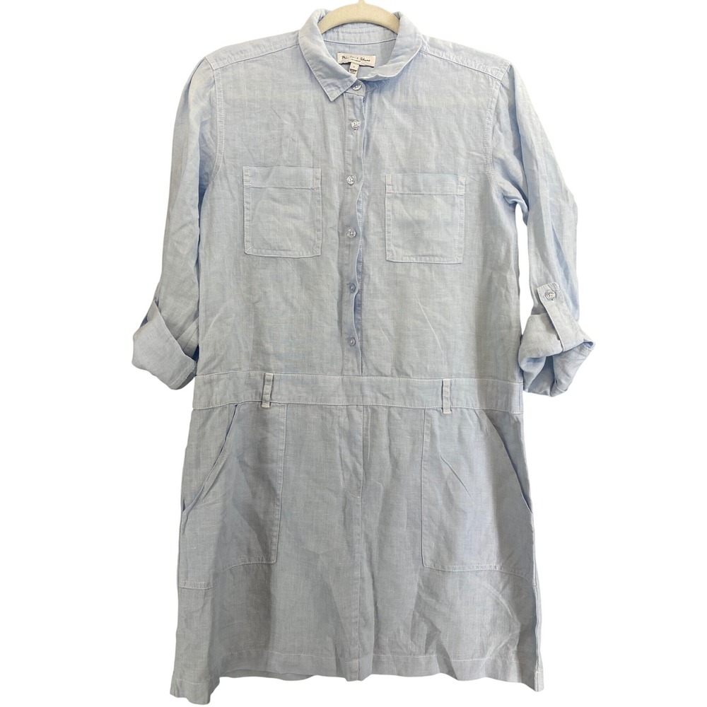 Michael Stars W's S 100% Linen Utility Shirt Dress Blue Stitch Lagenlook